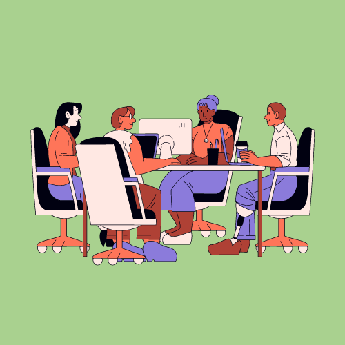 A group of people sat around a desk with their laptops as if they were in a meeting. Graphic by Canva.