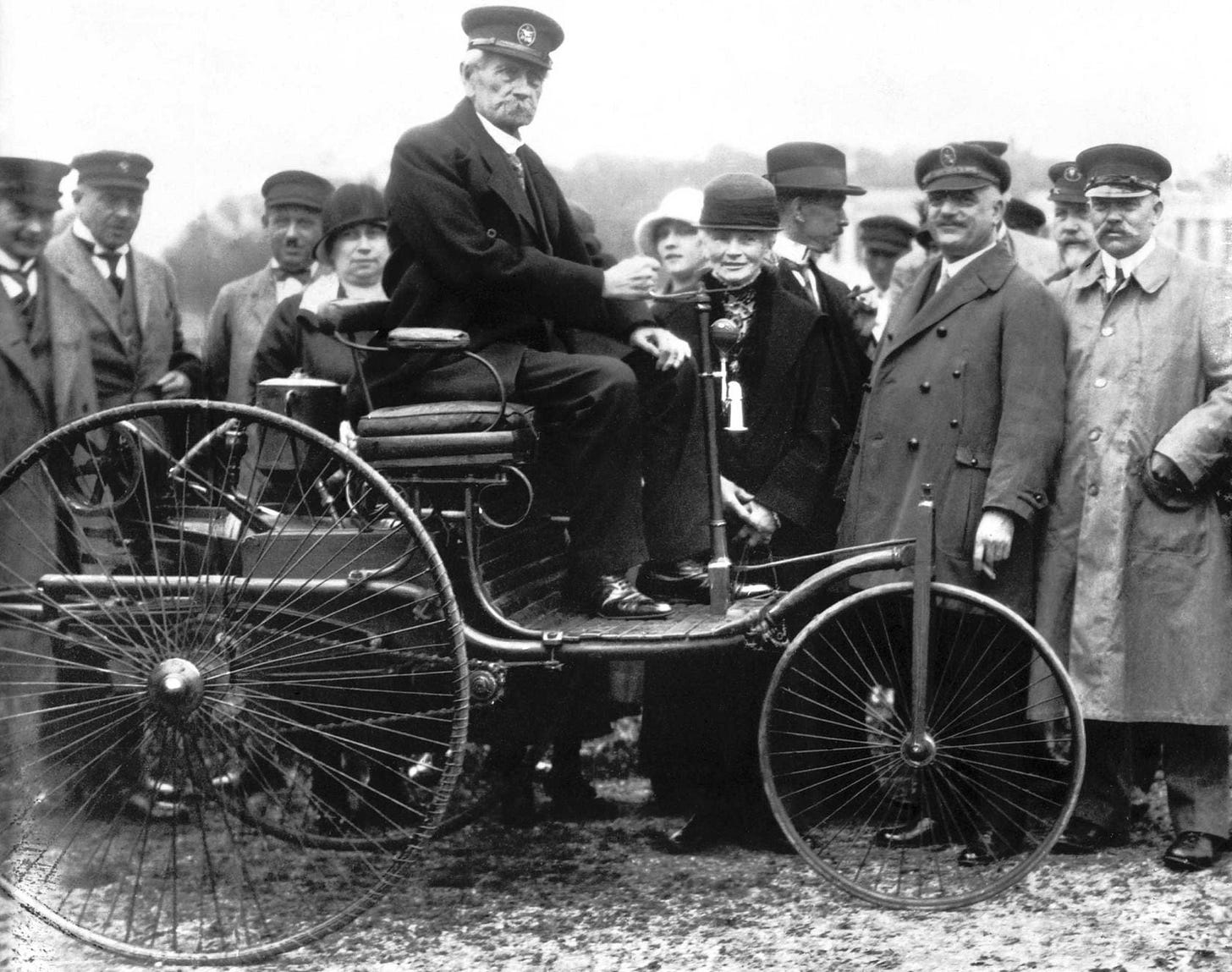 Carl Benz in his first Model I patent motor car from 1886, taken in Munich in 1925.