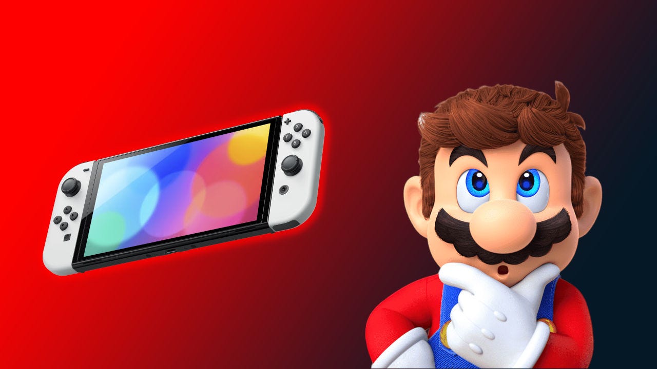 Mario looking quizzical next to a Nintendo Switch OLED