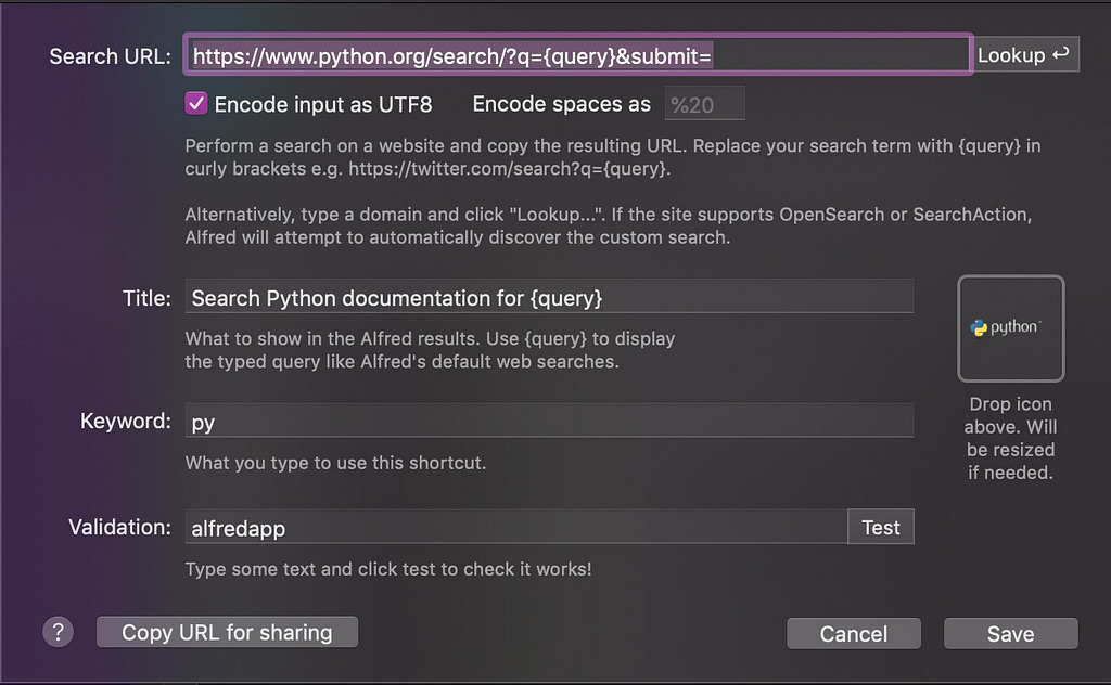 The query and title added in for a py keyword to search Python documentation.