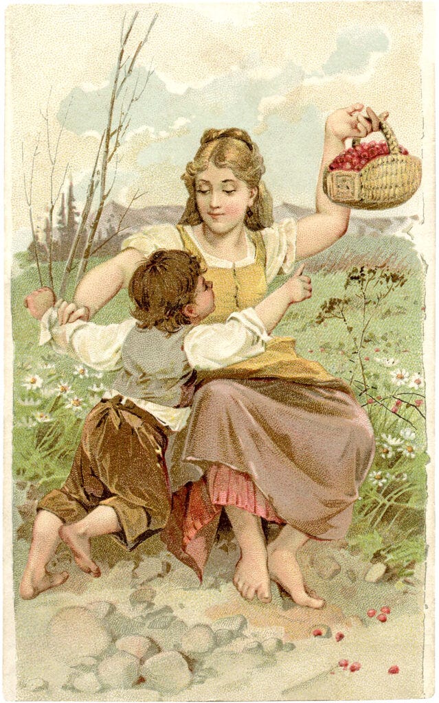 mother child berry picking basket clipart