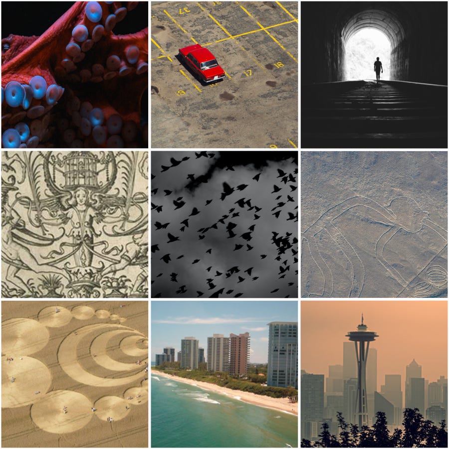 A montage of imagery emblematic of the weird and the eerie; top row: a strange creature of the sea, something where there should be nothing, a tunnel; middle row: the grotesque, a flock of birds, the mysterious Nazca Lines; bottom row: crop circles, a beach, wildfire haze and the Seattle skyline.A montage of imagery emblematic of the weird and the eerie; top row: a strange creature of the sea, something where there should be nothing, a tunnel; middle row: the grotesque, a flock of birds, the mysterious Nazca Lines; bottom row: crop circles, a beach, wildfire haze and the Seattle skyline