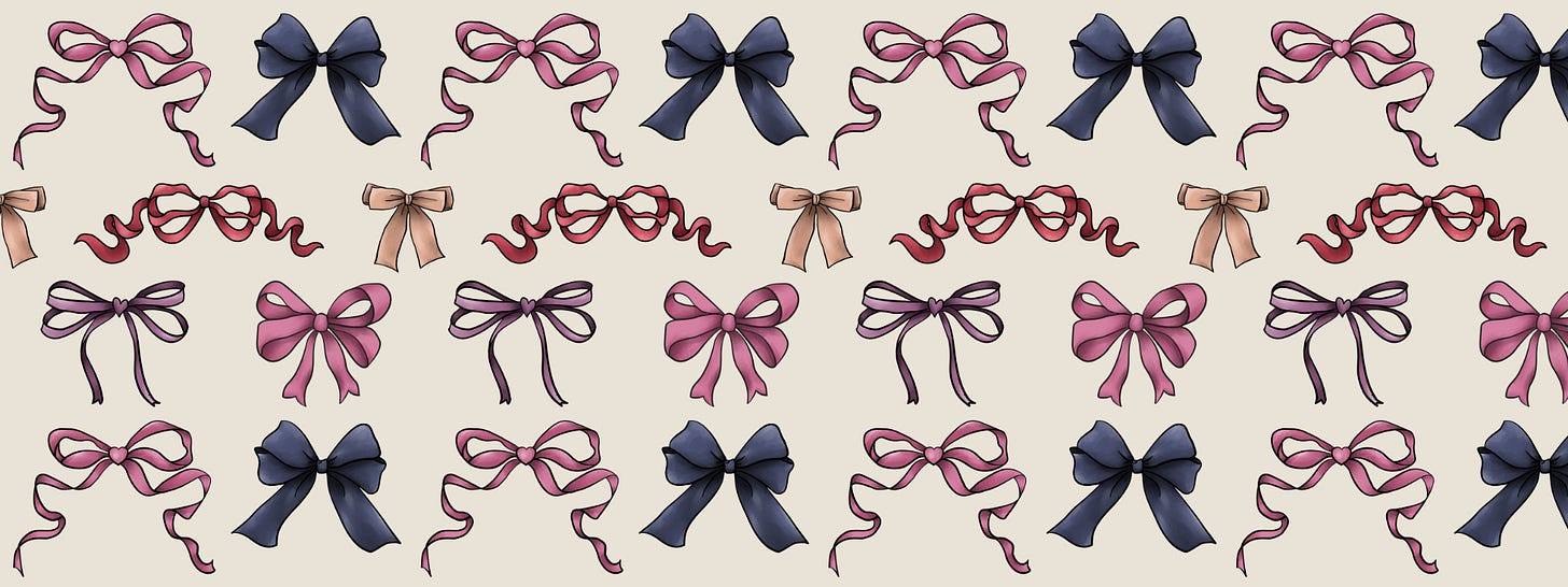 A repeating pattern featuring 6 different bows in pink, red, blue, purple, and beige on an off-white background.