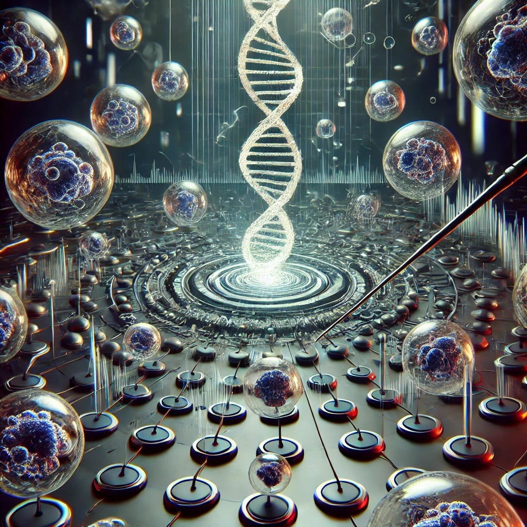 A futuristic and abstract image where cells, depicted as organic, round, and glowing forms, are arranged in a pattern resembling a grand orchestra. The cells are subtly connected to advanced, high-tech instruments that blend seamlessly into their structure, without any human-like features. The conductor is a glowing strand of DNA, directing the energy flow and harmony. The scene is set against a dark, neon-lit background with abstract patterns. The overall atmosphere is sleek, modern, and sophisticated, focusing on the biological and technological elements without any anthropomorphic traits.