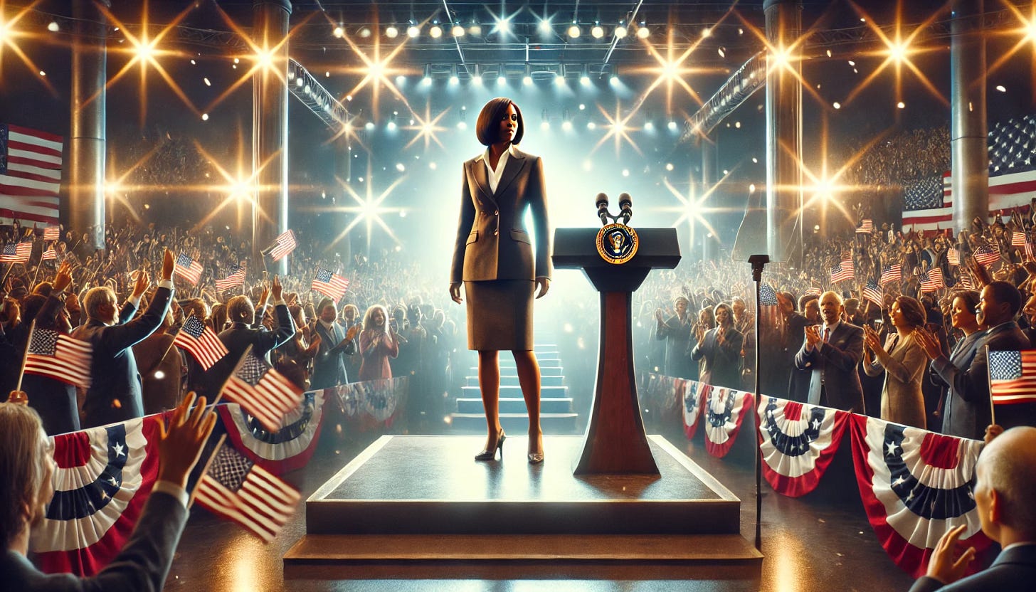 A victorious scene of the first Black-Asian female president standing confidently on a stage, delivering a speech after winning an election. She is dressed in a professional suit, projecting a powerful and inspiring presence. The background shows a diverse, jubilant crowd with waving flags and banners celebrating the historic moment. The setting is brightly lit, with flashes of cameras capturing the scene. The new president stands in front of a podium adorned with a seal symbolizing the office, and an American flag is positioned prominently beside her. The atmosphere is electric with hope and excitement.