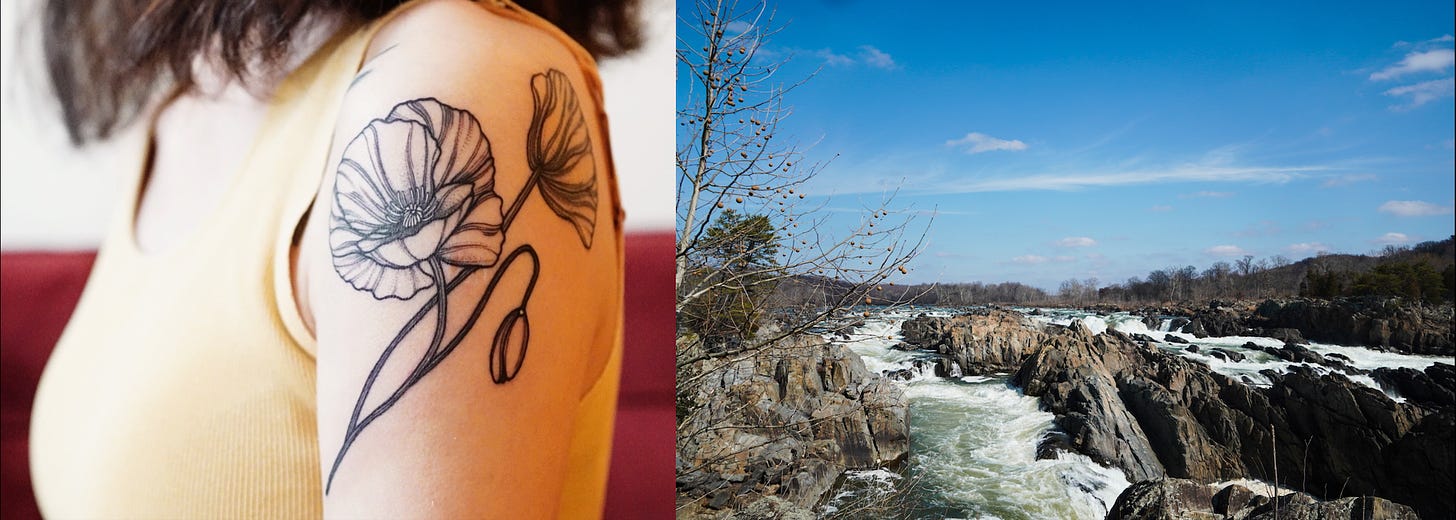 Left picture: my left shoulder with a poppy tattoo; I'm wearing a yellow sleeveless shirt; Right picture: a picture of waterfalls over rocky terrain under a blue sky