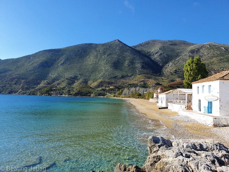 The beach of Skoutari and a Greek Tavern, Greece