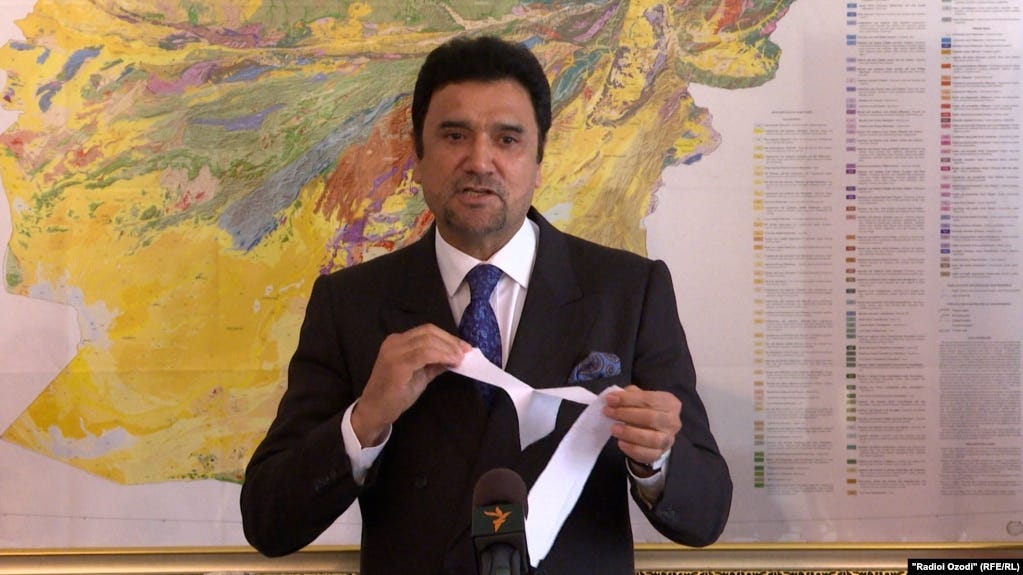 TAJIKISTAN – Afghanistan Ambassador to Tajikistan Muhammad Zahir Aghbar, appointed by ousted Afghan President Ghani, ripped up a letter from Taliban acting Foreign Minister announcing his government’s appointment of a “first secretary” to the embassy. Dushanbe, Nov. 7, 2023. 