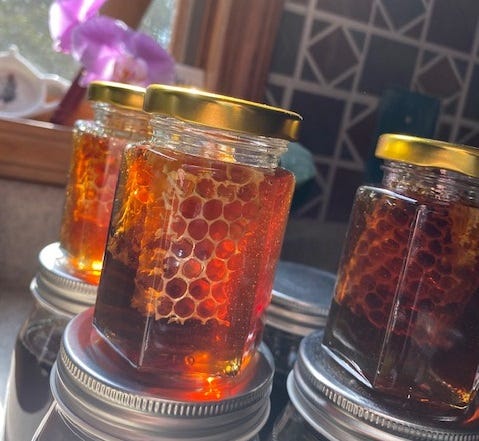 stacked honey jars with honeycomb