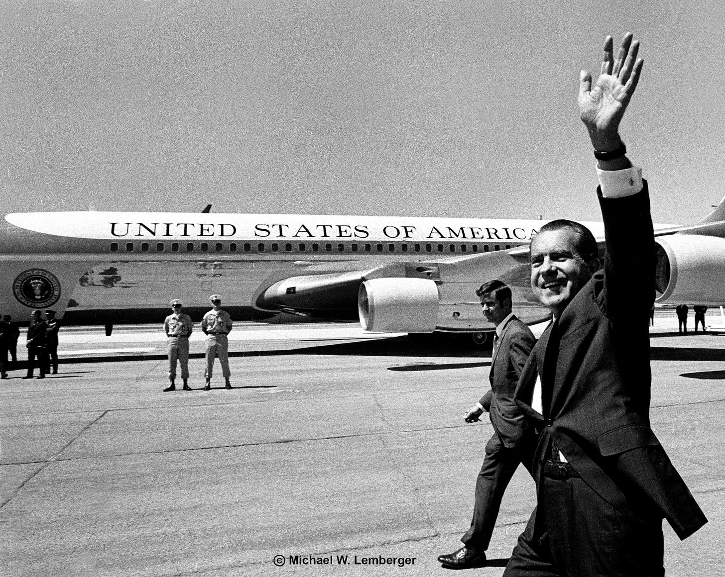 President Richard Nixon waving by Air Force One, Ottumwa, Iowa, July 31,  1971 | The University of Iowa Libraries