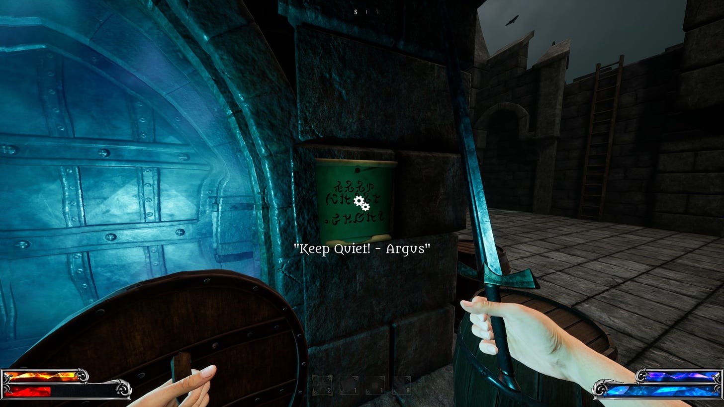 A screenshot of the game Monomyth, showing a door sealed by a glowing blue portal to the left, and a sign translated as "Keep Quiet! - Argus" to the right.
