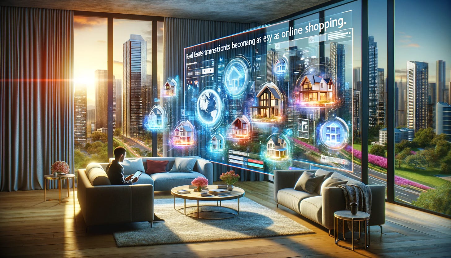 Create an image that encapsulates the concept of real estate transactions becoming as easy and transparent as online shopping. The scene shows a modern, comfortable living room with a large window overlooking a vibrant cityscape. In the room, a person is sitting on a sofa, engaged in using a large, transparent, futuristic touchscreen device. This device displays various real estate properties, each with detailed information and 3D models, akin to an online shopping interface. The user is casually browsing through these listings, symbolizing the ease of the process. The cityscape outside reflects a real estate market, with buildings highlighted in different colors, representing available properties, much like items in an online store. The atmosphere is relaxed and tech-forward, emphasizing the simplicity and transparency of this new era in real estate transactions.