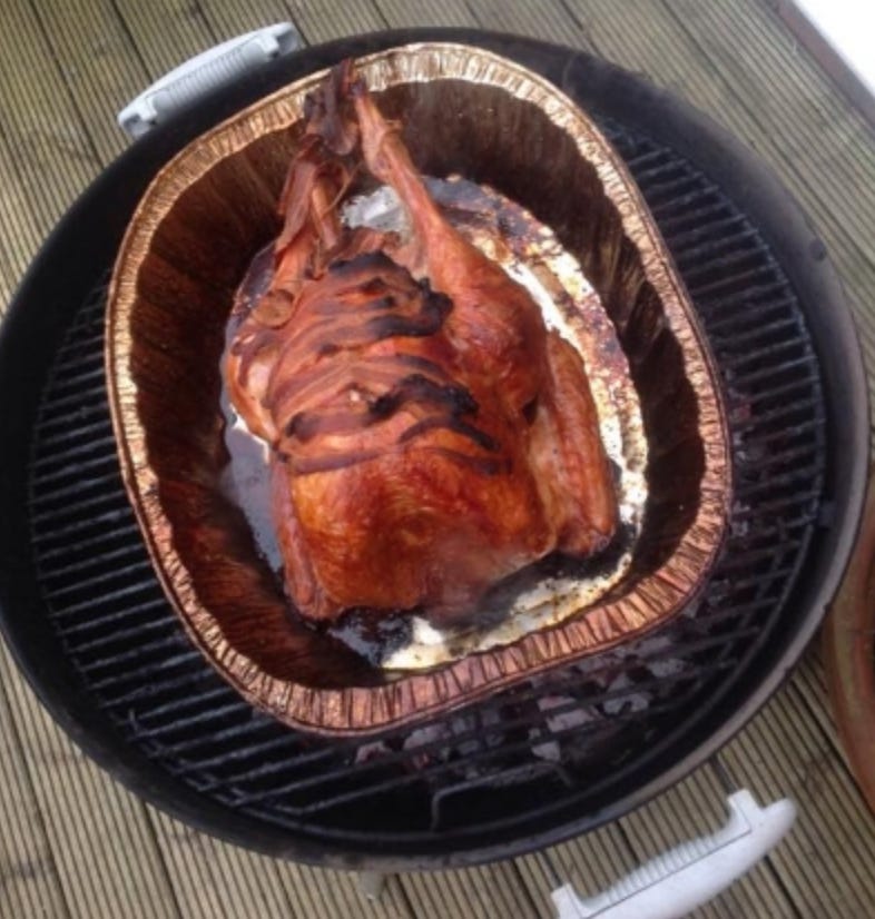 The Christmas turkey as BBQ’d by Joe. Not a dry thigh in sight.