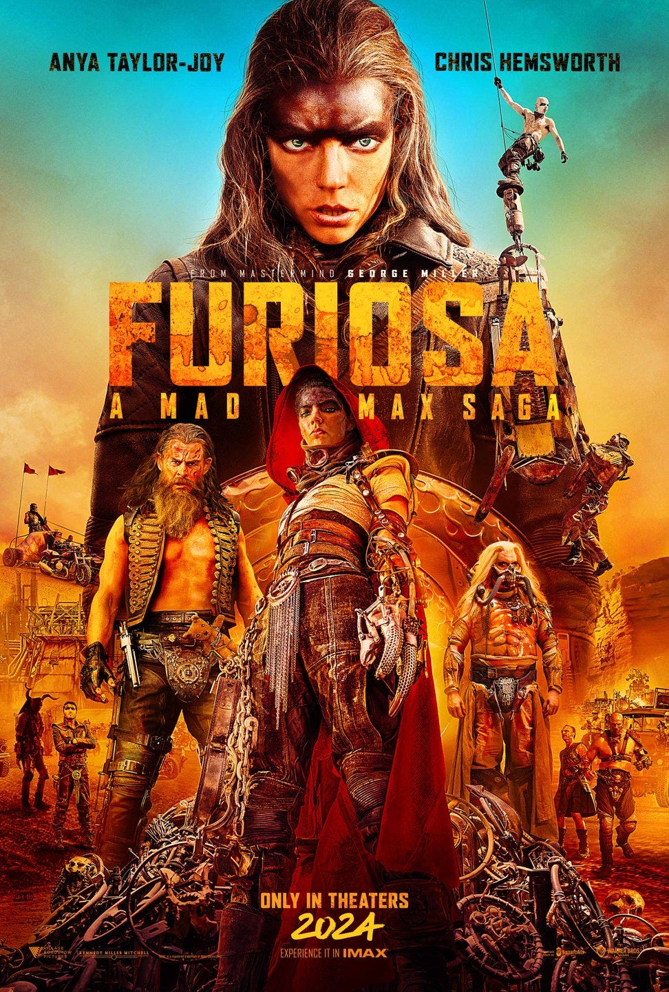Poster for Mad Max Furiosa featuring all the main characters with a giant version of Anya Taylor-Joy