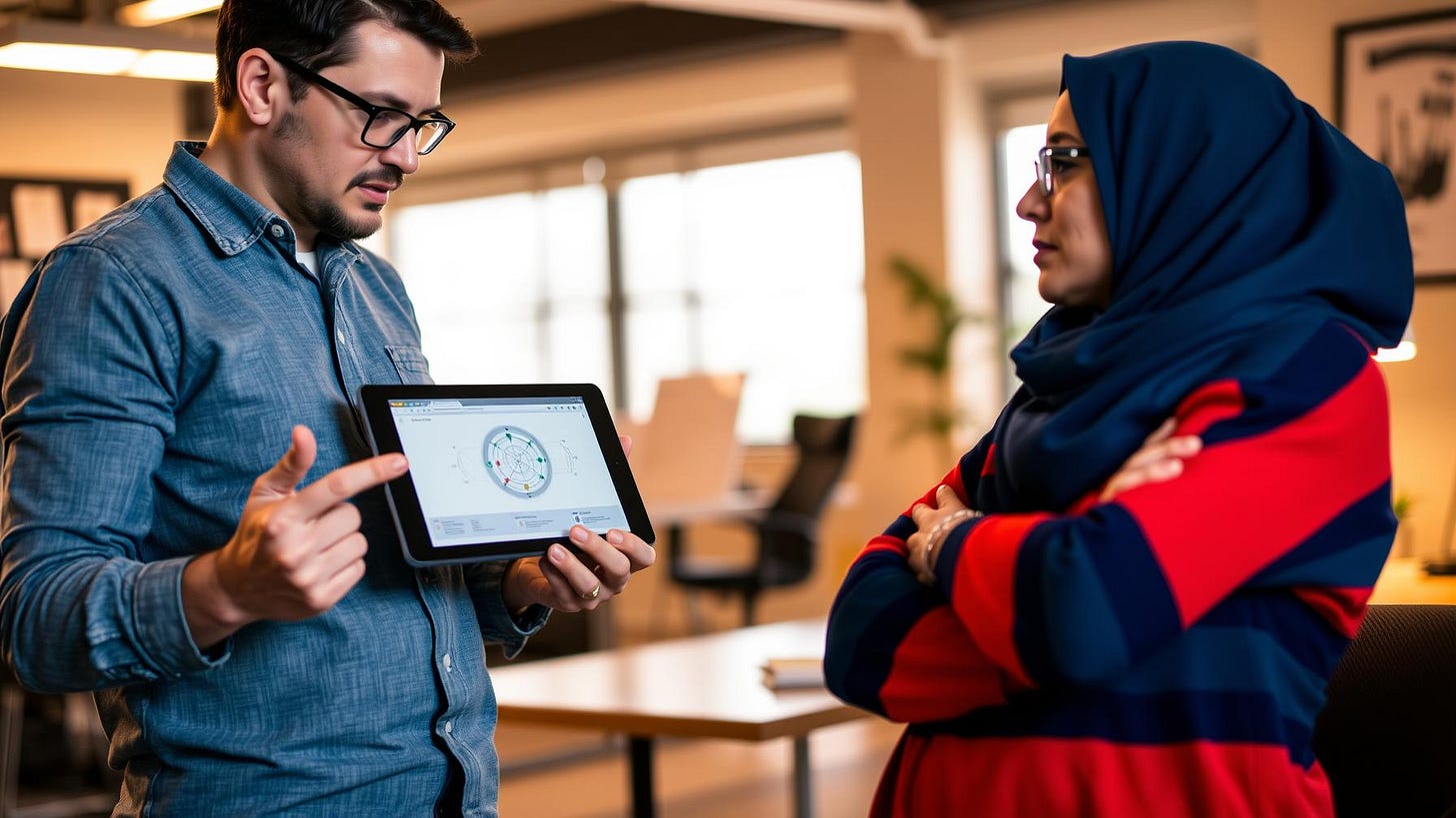 A man points to a graph on his tablet as he discusses business with a woman in a hijab