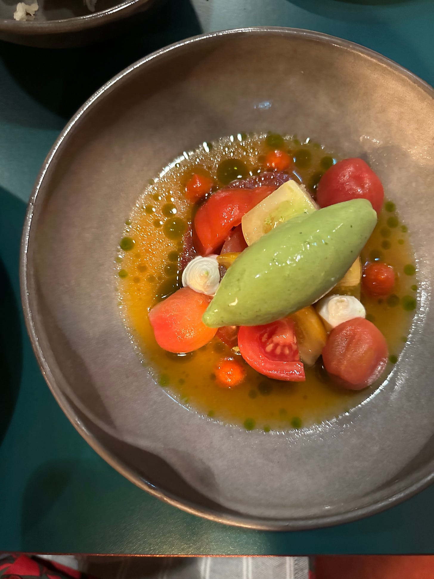 Tomato salad with Velvet Cloud and basil at Coppinger