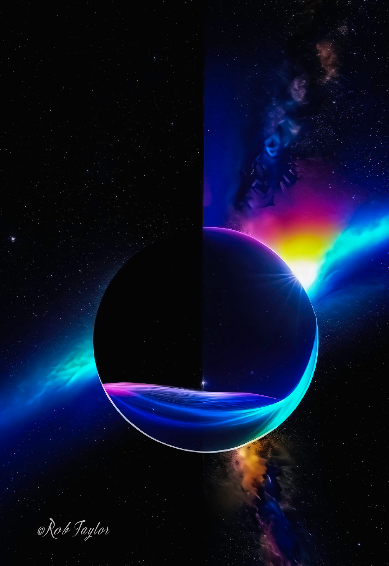 Digital illustration of a cosmic sphere dividing light and darkness, surrounded by swirling energetic waves of blue, purple, and gold. The luminous orb symbolizes the confrontation between lesser consciousness and expanded awareness. The contrast between shadow and light represents the struggle between ego-bias and humility, reflecting the journey of consciousness evolution.