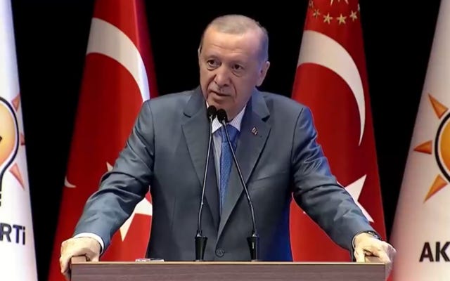 Turkish President Recep Tayyip Erdogan speaks at a human rights-themed event hosted by his Islamist AKP political party in the Turkish capital of Ankara, August 5, 2024. (Screen capture: X/Türkiye Canlı, used in accordance with Clause 27a of the Copyright Law)