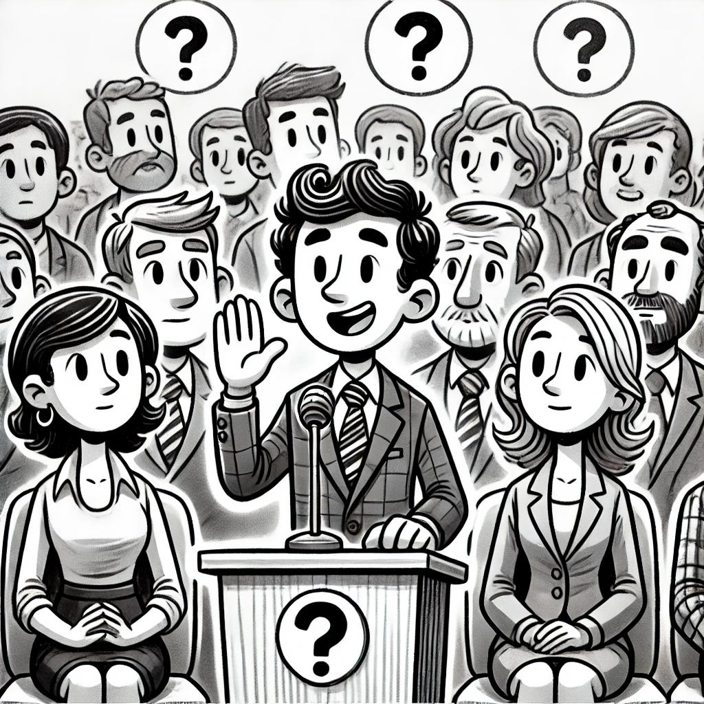 Black and white cartoon drawing in the same style, featuring the same presenter character answering questions from an audience. In the front row, there are three individuals acting as a jury, dressed in slightly fancier clothes than the rest of the audience. The presenter looks a bit nervous but engaged, while the jury members appear attentive. The scene is humorous, with expressive cartoon features and simple linework.