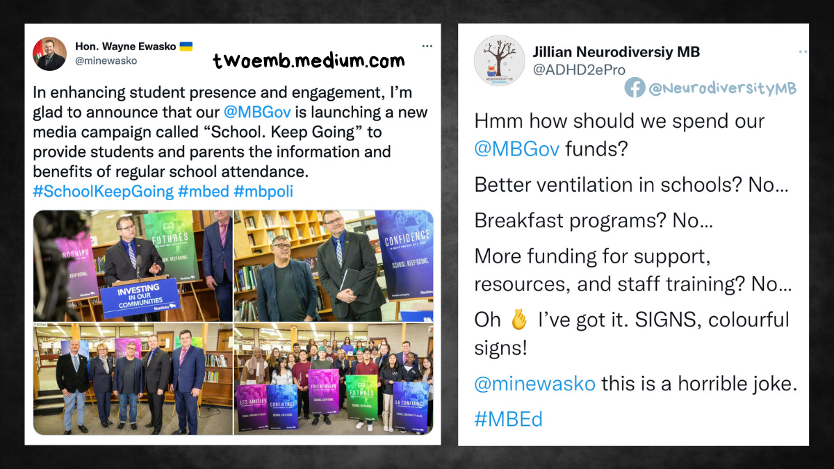 Tweet from @minewasko: “In enhancing student presence and engagement, I’m glad to announce that our @MBGov is launching a new media campaign called “School. Keep Going” to provide students and parents the information and benefits of regular school attendance. #SchoolKeepGoing #mbed #mbpoli