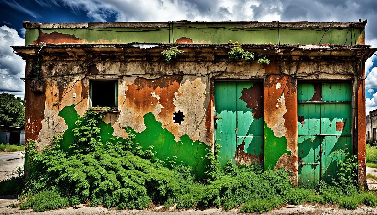 Decaying building with greenery regrowing