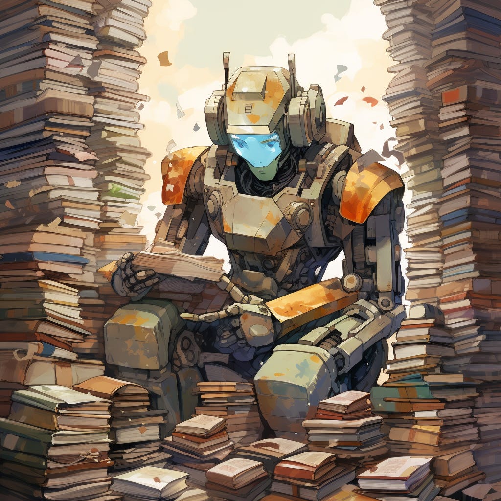 A robot sorting a huge pile of books, in anime style photo