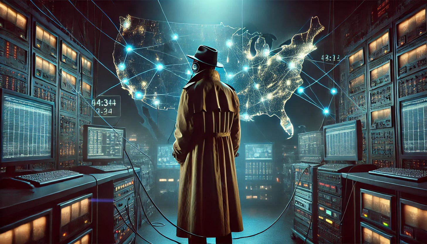 A dramatic scene depicting a spy eavesdropping on phone calls across America. The spy is standing in a dimly lit room filled with high-tech surveillance equipment, wearing a trench coat and fedora hat, using headphones connected to various devices. A large map of the United States is displayed on the wall in the background, with glowing dots representing phone calls across the country. The atmosphere is tense, with cables and screens showing real-time data, and a sense of secrecy and high stakes is conveyed through shadows and muted lighting.