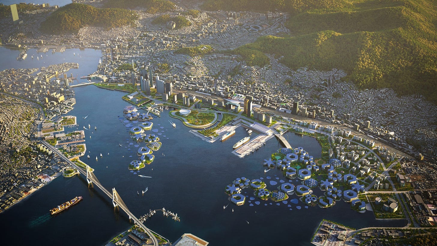 An aerial view of the floating city prototype Oceanix Busan.