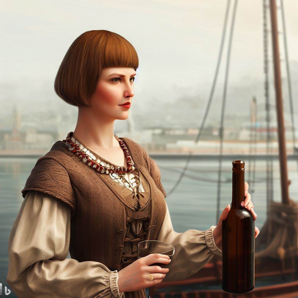 30-year old nordic aristocratic woman, medieval, short brown hair, christening ship at port with wine bottle, fantasy art