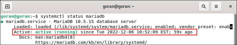 System confirms that the MariaDB service is active and running on Debian 11.