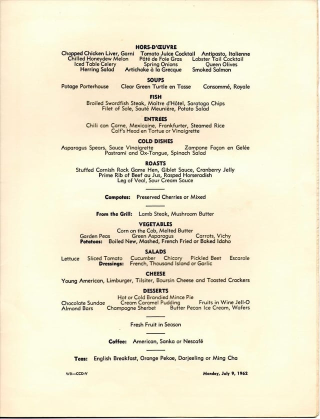 r/Oceanlinerporn - An SS United States dinner menu from Monday July 9, 1962