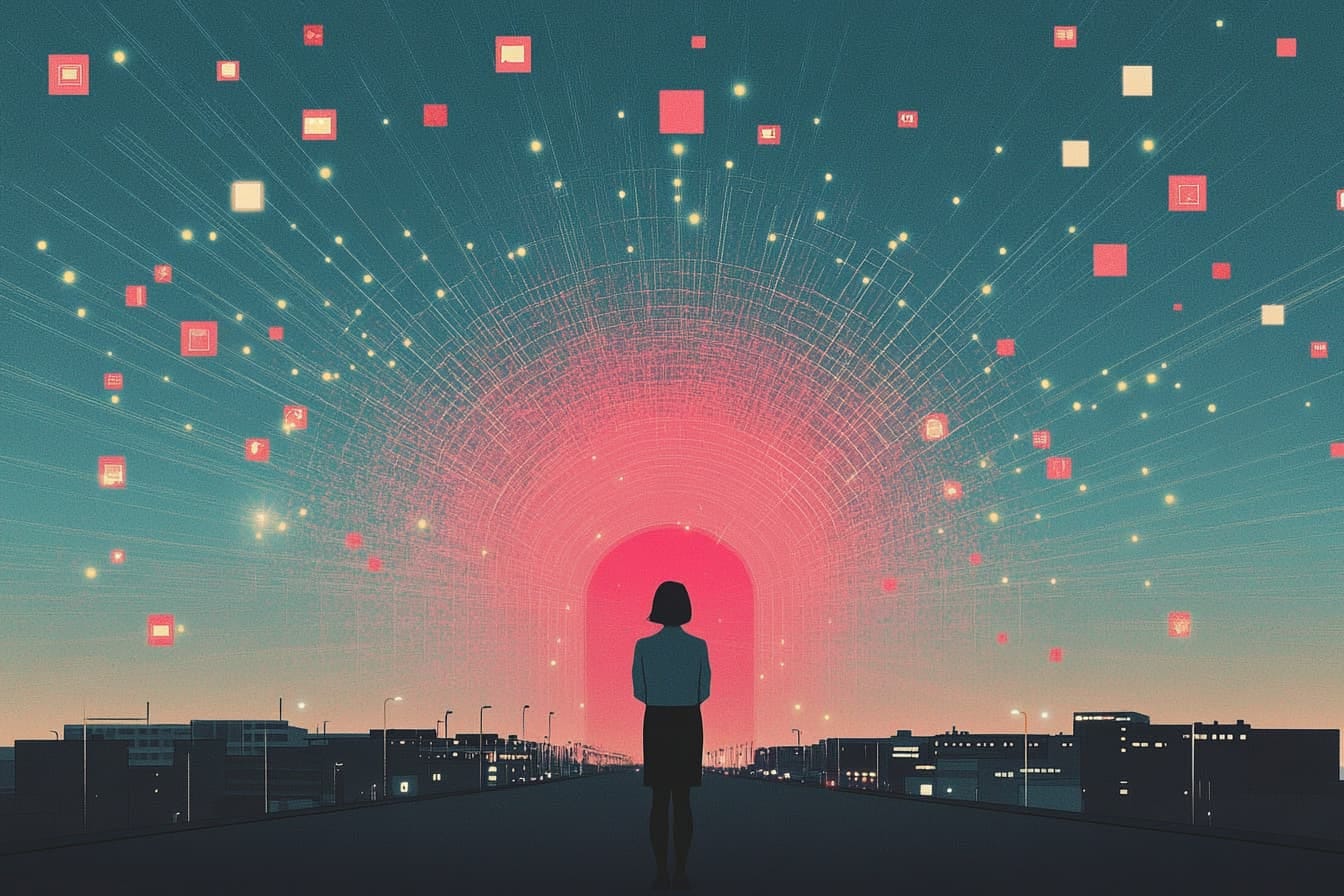 silhouette of a woman looking out over a city, surrounded by glowing documents and symbols