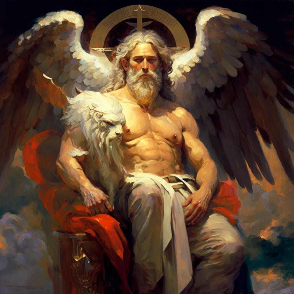 Biblical Enoch with Seraphim, painted in Romanticist Surrealist style