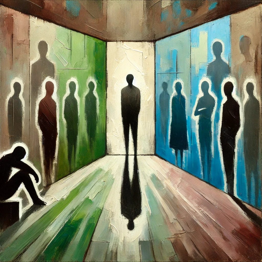 An abstract painting of a person in a room surrounded by silhouettes of other people, symbolizing depression. The central figure appears isolated despite being among others. The background uses various shades of green, blue, brown, and black to create a harmonious yet somber atmosphere. The composition is balanced, with the main object as the focal point, evoking feelings of solitude and reflection. The painting emphasizes flatness, with visible brushstrokes adding texture, conveying peace, freedom, and playfulness in a subtle yet meaningful way.