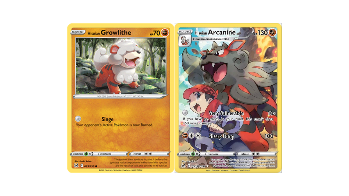 Pokemon cards: on the left, a Hisuian Growlithe, a deep orange, striped puppy with cloudy tufts of fur covering its eyes. On the right, an illustration of the game protagonist with Arcanine, with a deeper gray, softer looking mane than a regular Arcanine. He has a move called, "Very Vulnerable," which is relevant for our purposes.