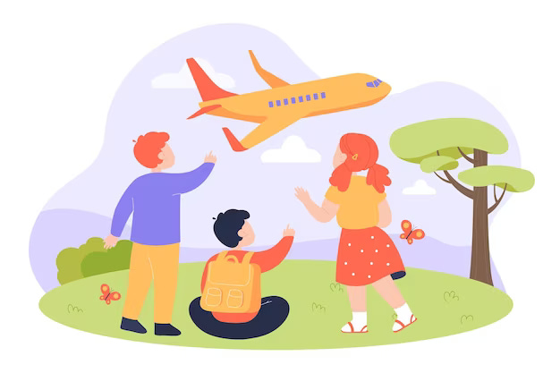 Illustration of kids pointing at a passing airplane