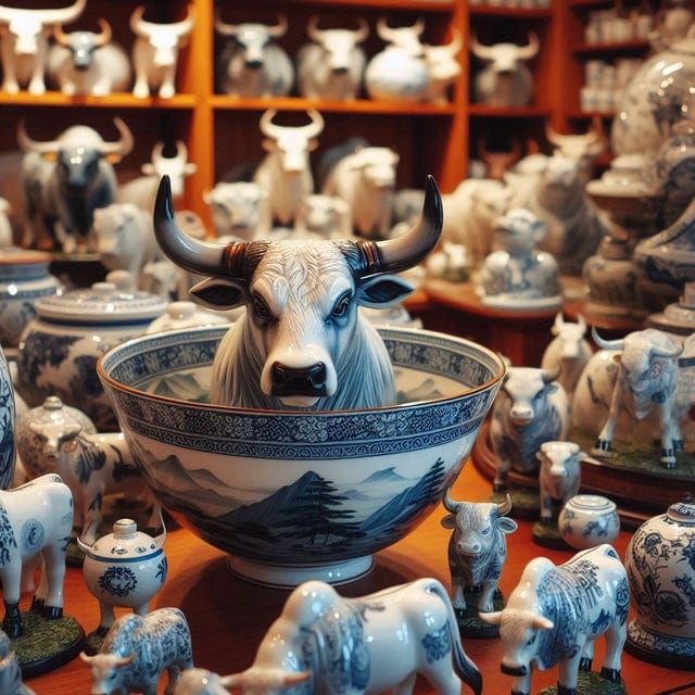 r/weirddalle - A China bowl in a Bull shop