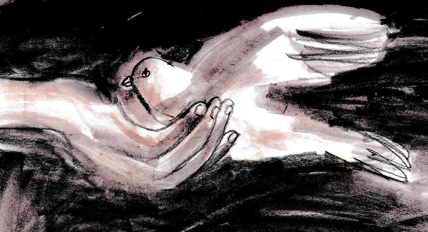 sketch of hand holding a dove by Beth Spencer