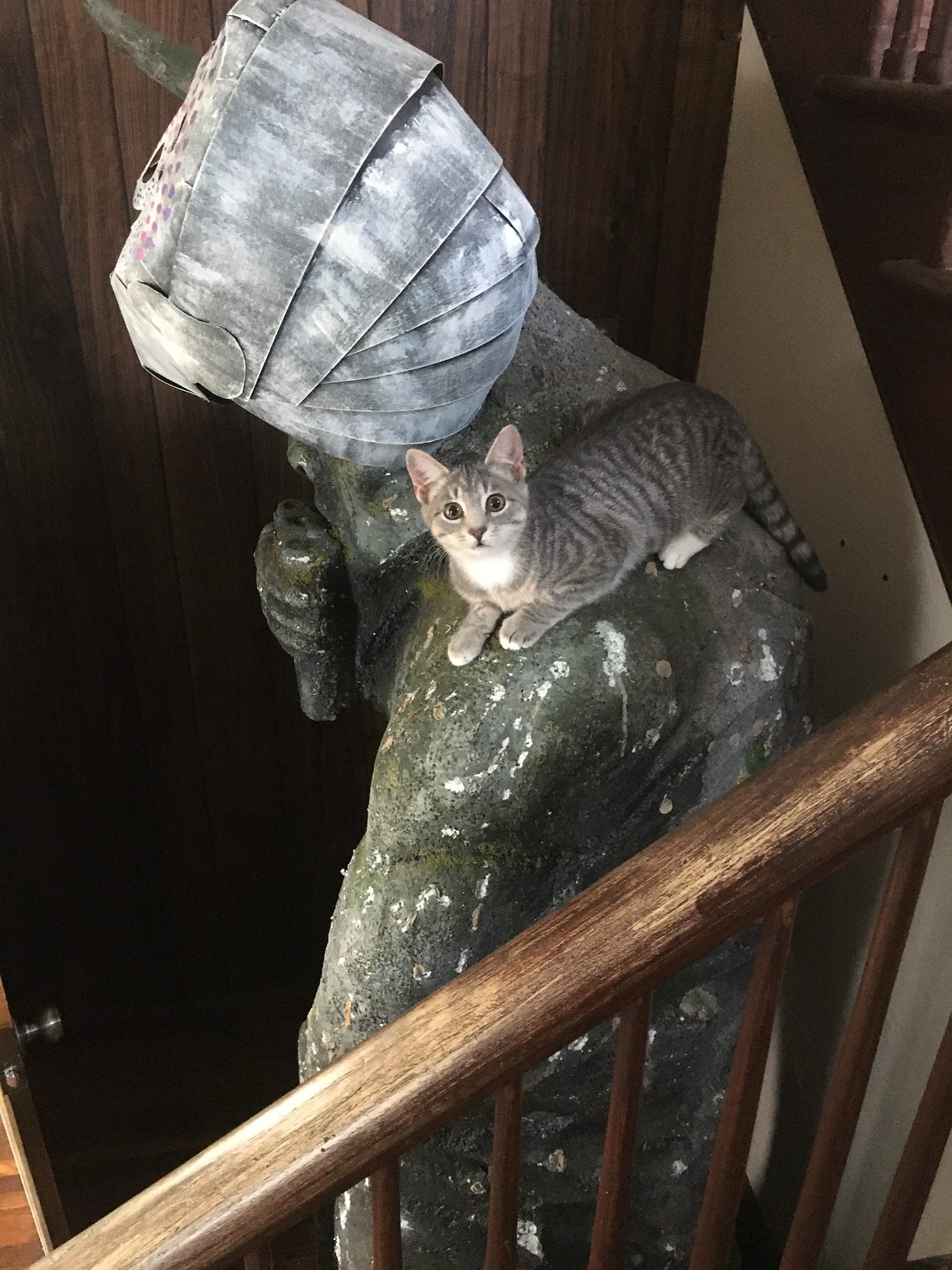 A kitten perched atop a damaged statue.