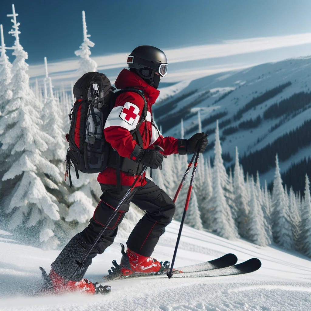 An image of a person dressed in a ski patrol uniform, complete with a red jacket with a white cross, black snow pants, and a helmet, skiing down a snowy mountain. The person carries a backpack and a pair of ski poles. The mountain is steep and covered in fresh, powdery snow, with pine trees scattered around. The sky is clear blue, and the sun is shining brightly, reflecting off the snow. The person looks focused and professional as they navigate the snowy terrain.