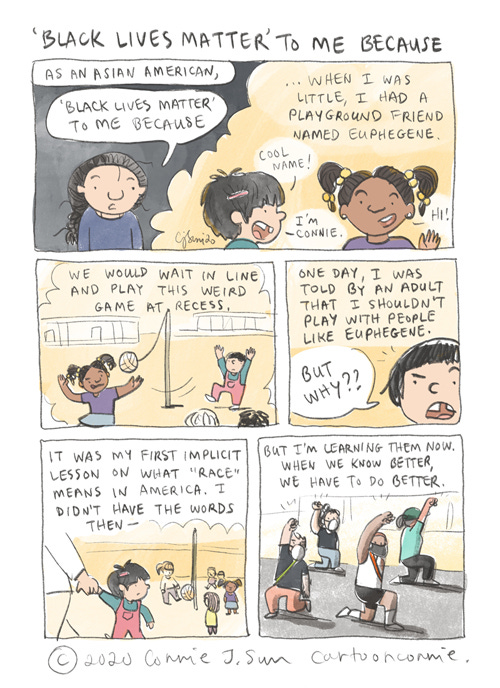'Black Lives Matter' To Me Because asian american identity, black lives matter, childhood story, race in america, comics, autobio comics, sketchbook, illustration, connie sun, cartoonconnie, diary comics