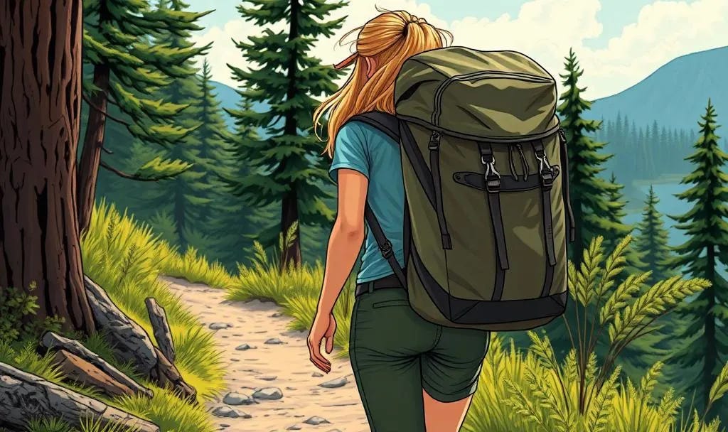 Una joven con una mochila enorme camina por un sendero en la naturaleza