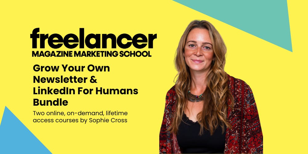 Sophie Cross looking sunkissed and gorge on a yellow background with Freelancer Magazine Marketing School Grow Your Own Newsletter & LinkedIn for Humans Bundle Two online, on-demand, lifetime access courses by Sophie Cross. 