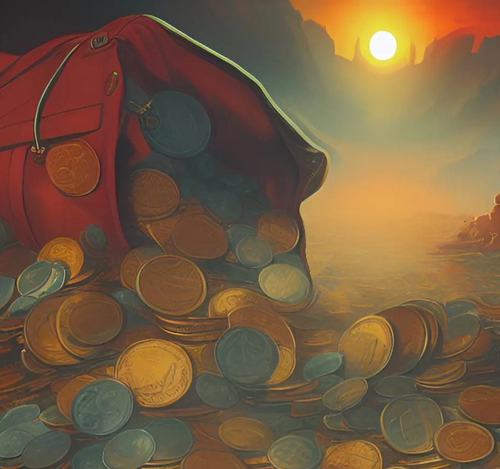 Painting of gold coins spilling out of a bag.