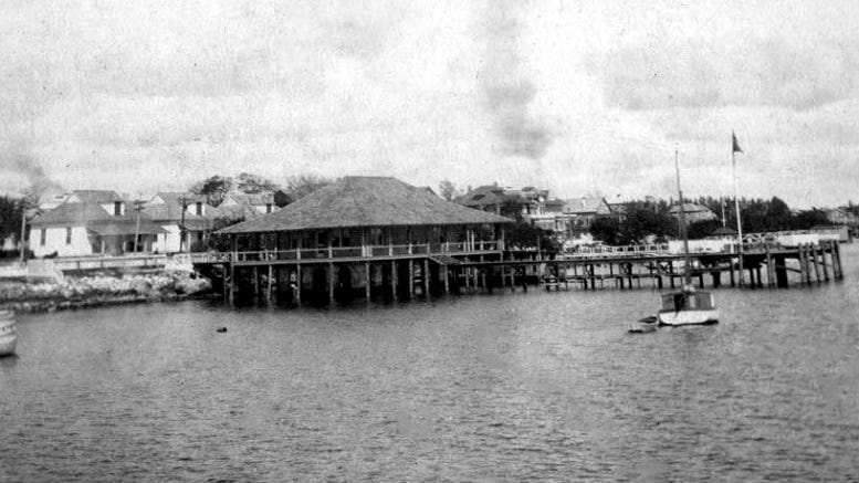 Photo of the Biscayne Bay Yacht Club in downtown Miami from Biscayne Bay in 1910. Source unknown.