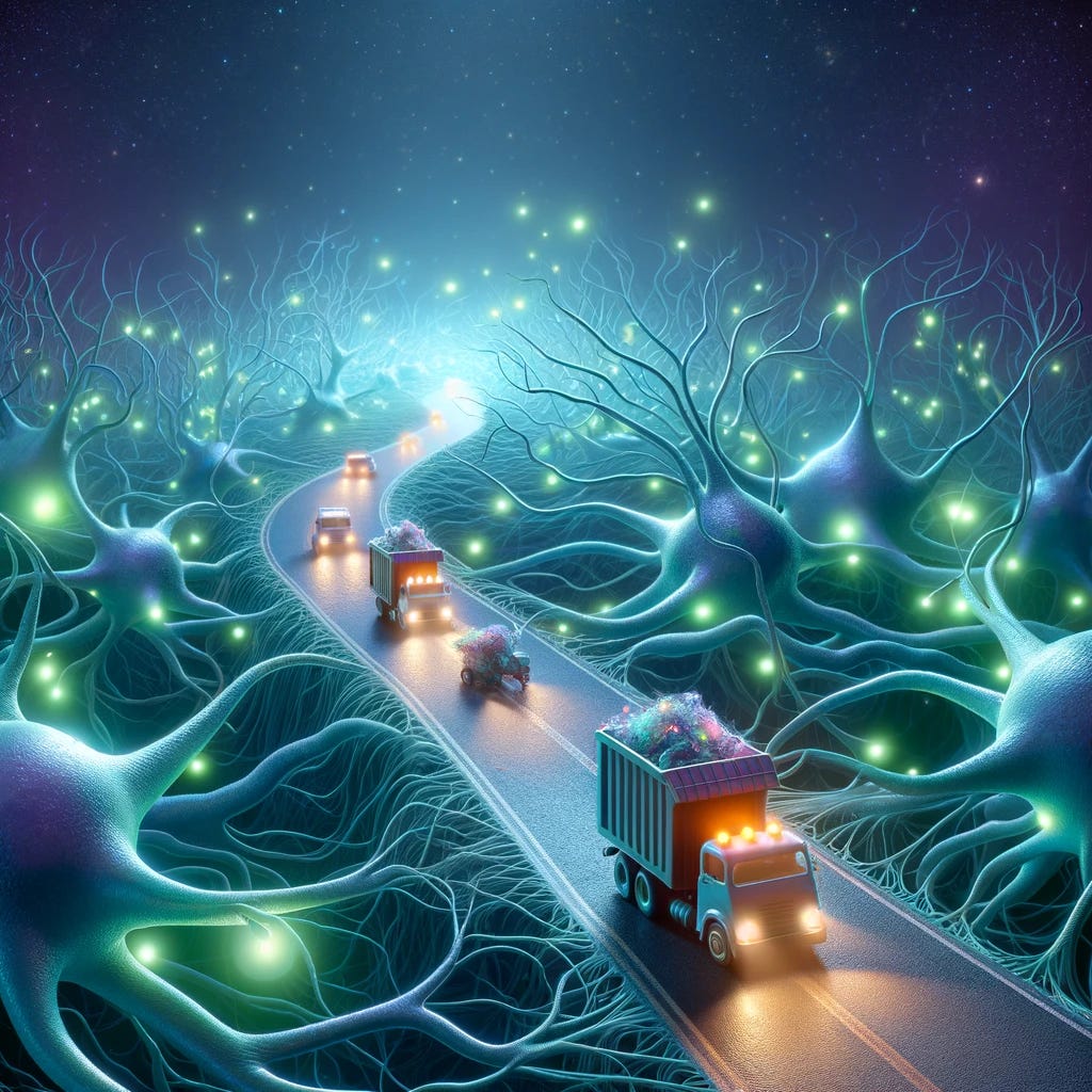 An imaginative, surreal image depicting neurons in the brain shrinking at night to create roads between them. Small, cartoonish garbage trucks are driving on these roads, picking up trash from between the neurons. The scene has a dreamlike quality, with glowing neurons and tiny trucks illuminated by soft, ethereal light. The background is dark, highlighting the glowing neurons and the activity of the garbage trucks, representing the brain's cleaning process during sleep.