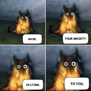 Meme showing a scared cat who says maybe your anxiety is lying to you. 