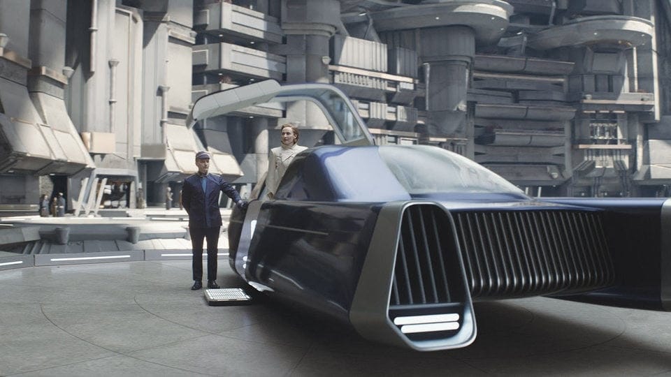 Mon Mothma exiting a speeder surrounded by glossy white buildings