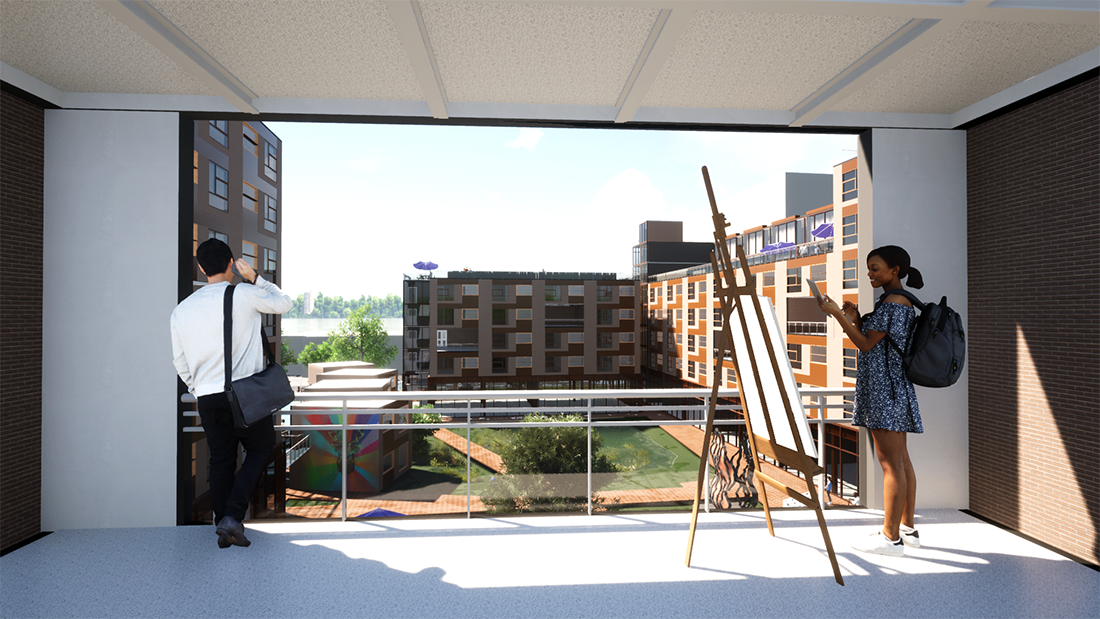 A young African American artist stands at an easel on an outdoor terrace overlooking a green courtyard and apartment building.