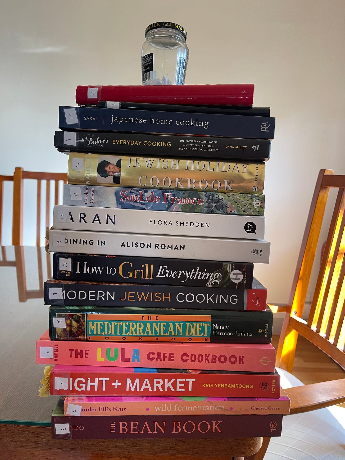 A stack of cookbooks sitting on a kitchen table